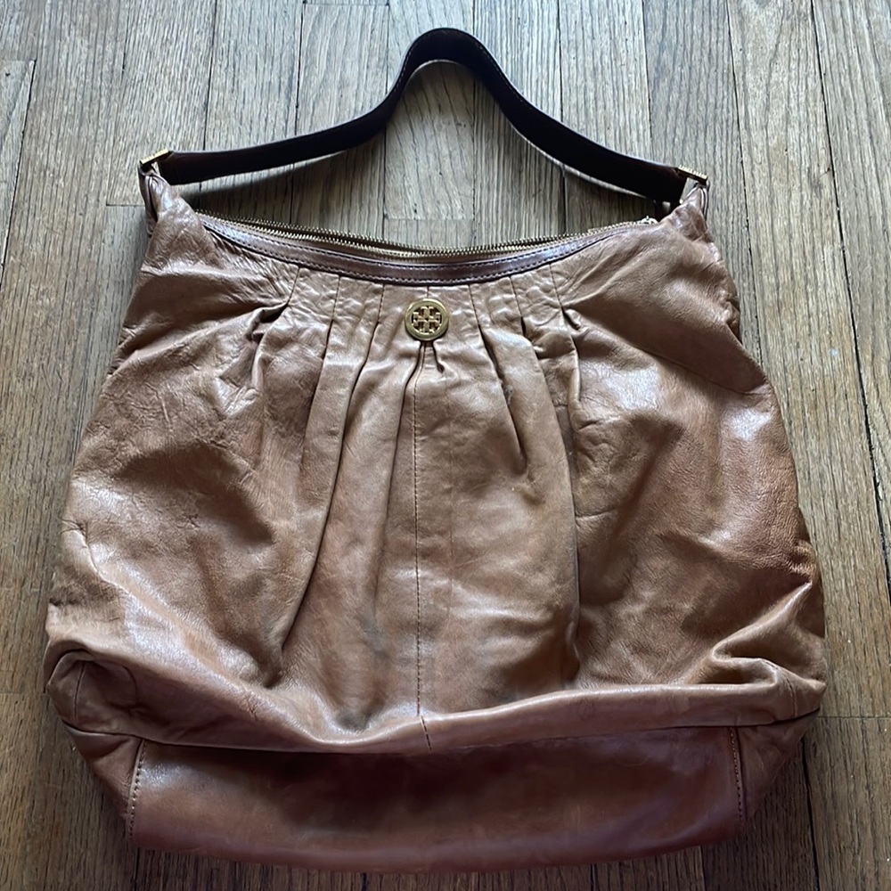 Tory Burch tan leather hobo style over the shoulder bag